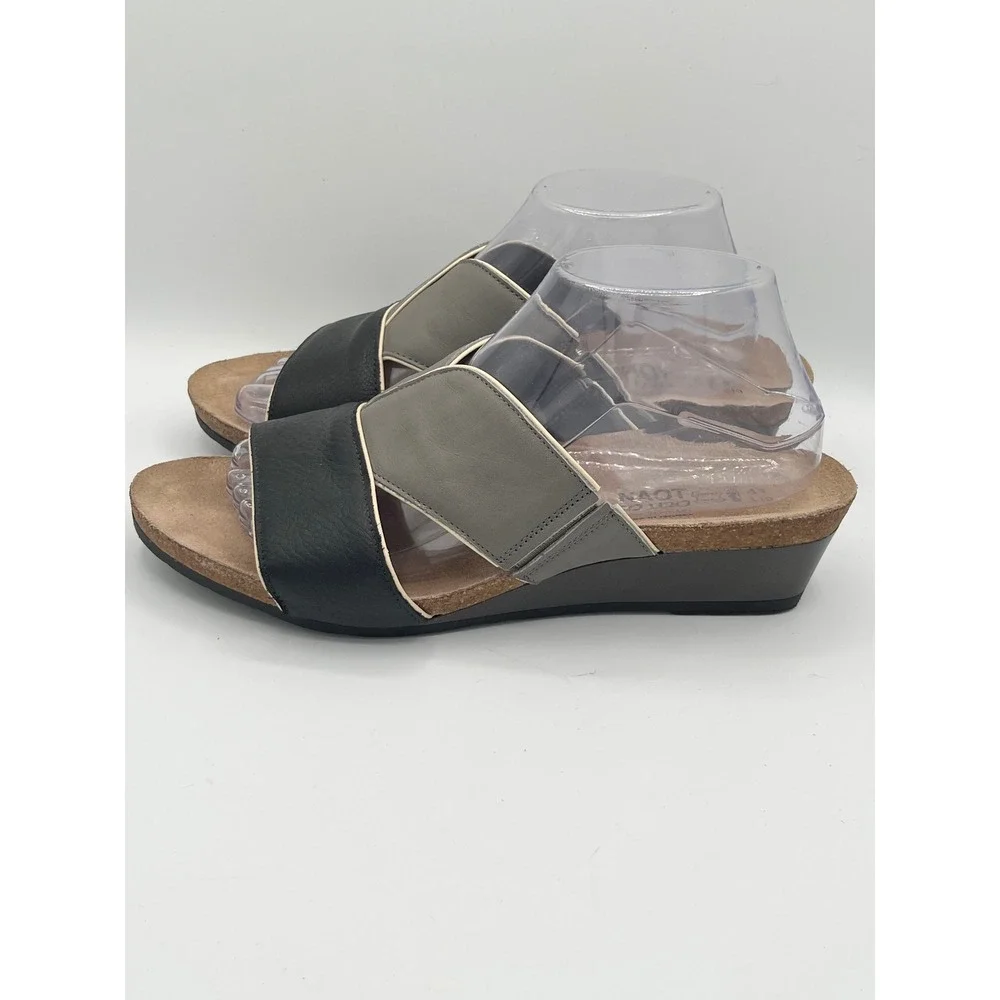 Naot Women Black Grey Leather Wedge Slide Sandals Made Israel Sz EU 41 US 10